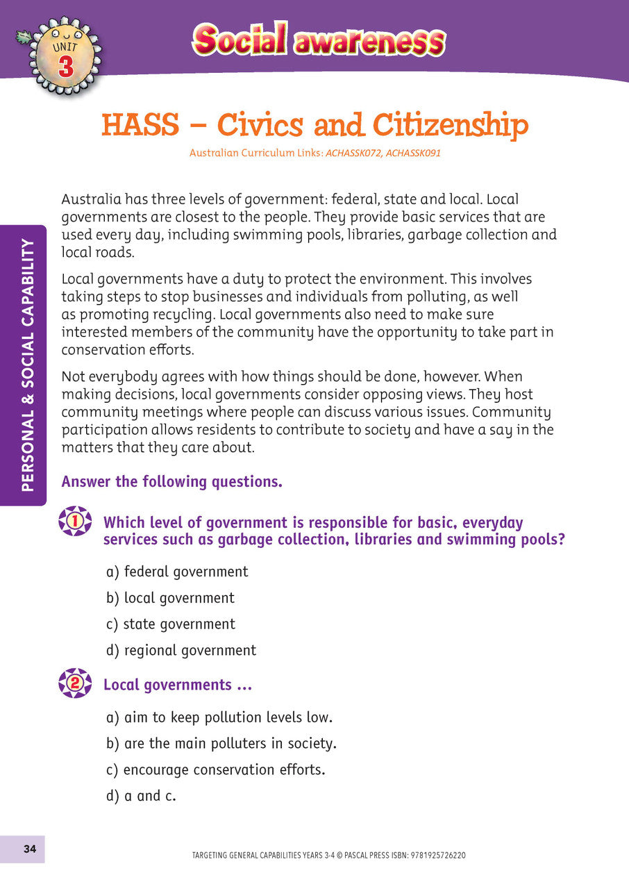 Sample interior activity page from Targeting General Capabilities Personal and Social Capability Years 3-4, as shown in the publisher gallery
