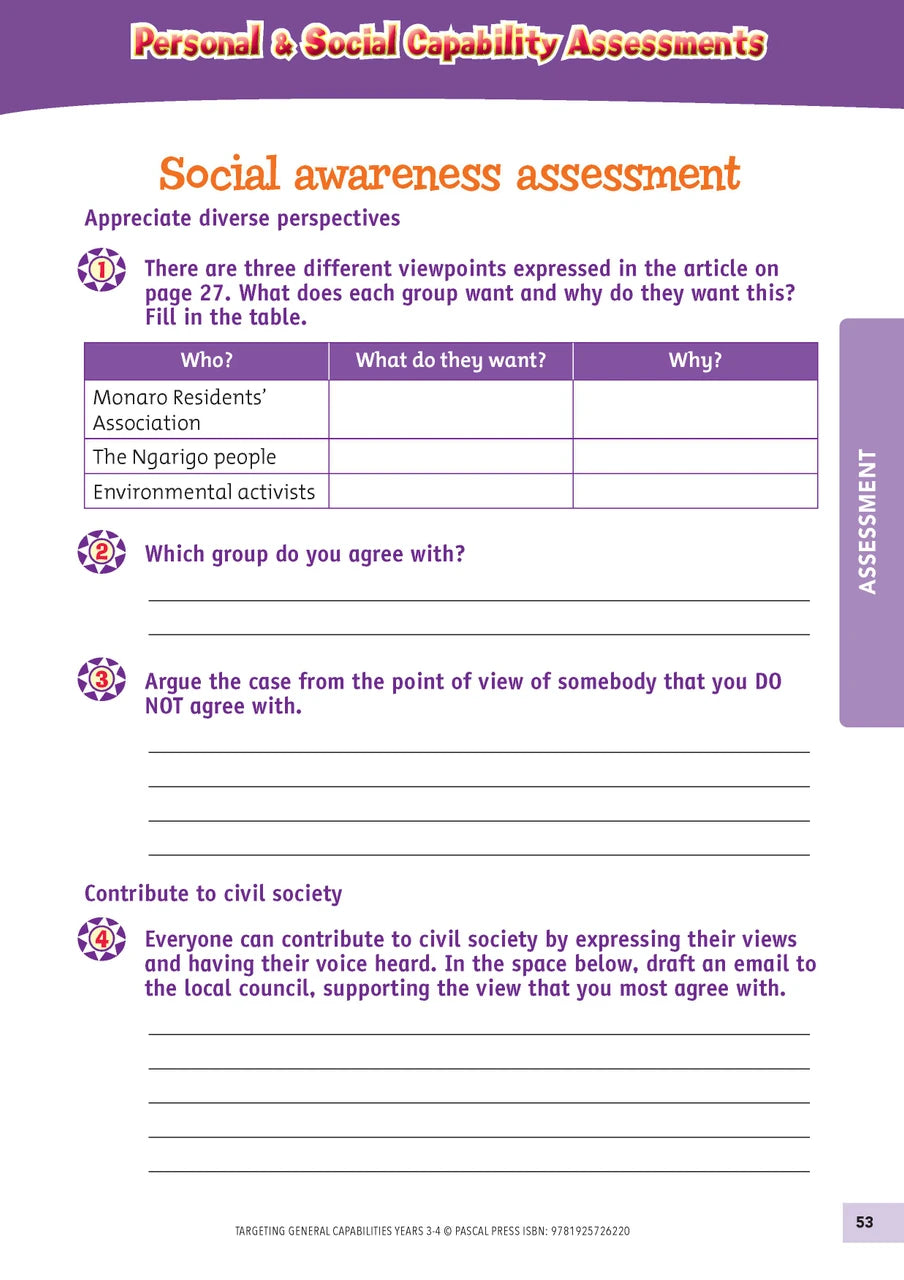 Sample interior activity page from Targeting General Capabilities Personal and Social Capability Years 3-4, as shown in the publisher gallery