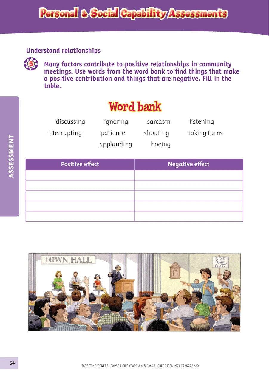 Sample interior activity page from Targeting General Capabilities Personal and Social Capability Years 3-4, as shown in the publisher gallery