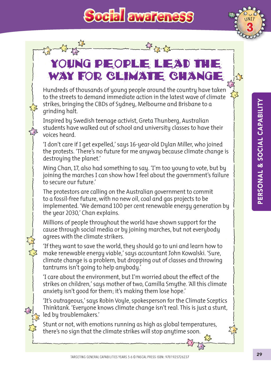 Sample interior activity page from Targeting General Capabilities Personal and Social Capability Years 5-6, as shown in the publisher gallery