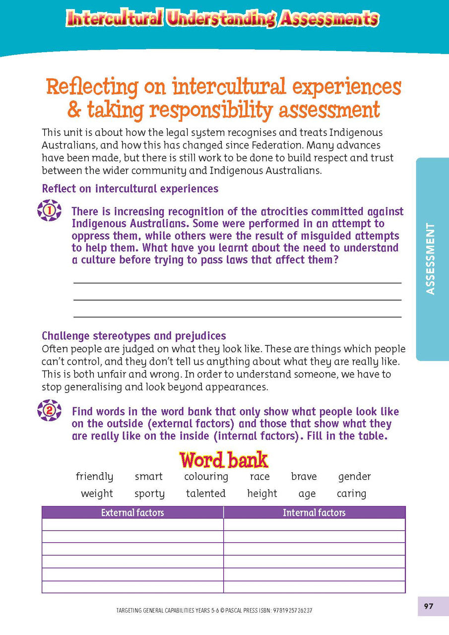 Sample interior activity page from Targeting General Capabilities Personal and Social Capability Years 5-6, as shown in the publisher gallery
