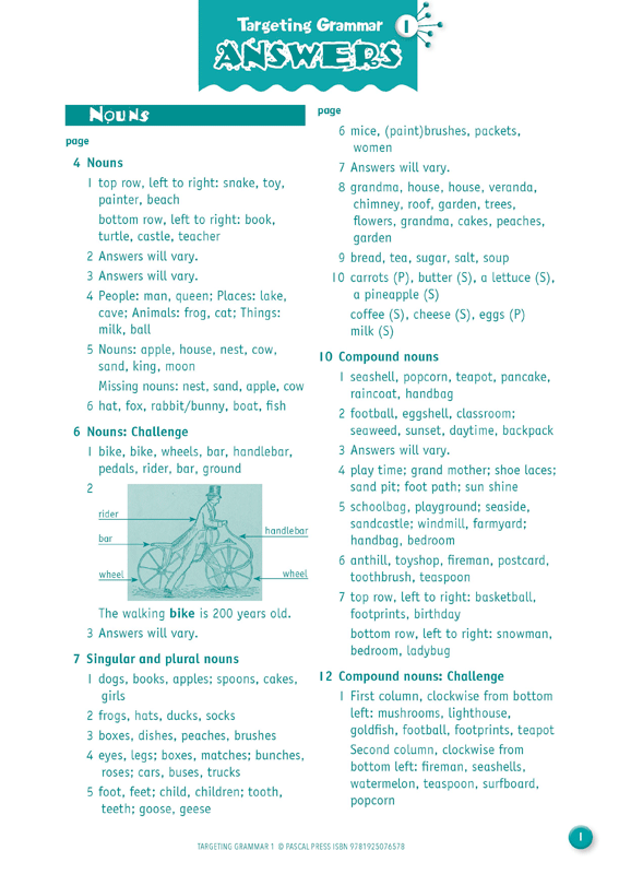 Sample page from the answer section at the back of Targeting Grammar Activity Book 1, from the publisher's preview gallery