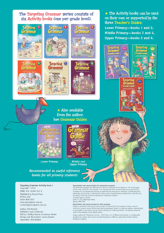 Back cover of Targeting Grammar Activity Book 1 from Pascal Press, shown at the end of the publisher gallery