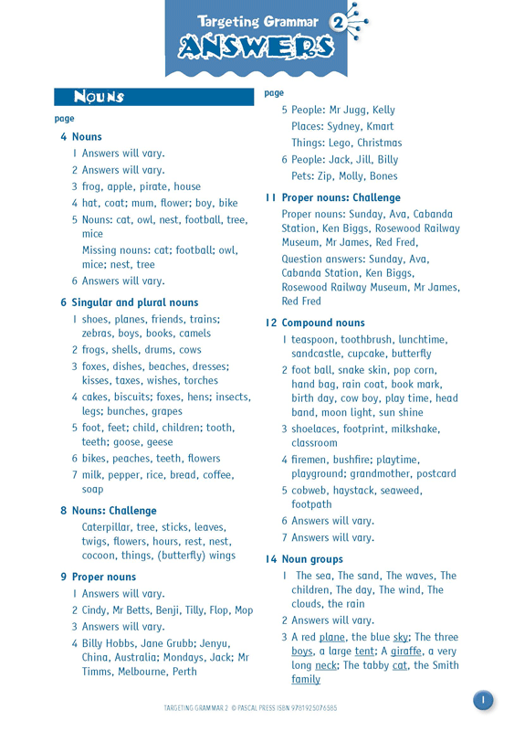 Sample page from the answer section at the back of Targeting Grammar Activity Book 2, from the publisher's preview gallery