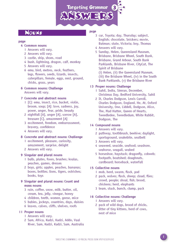 Sample page from the answer section at the back of Targeting Grammar Activity Book 3, from the publisher's preview gallery