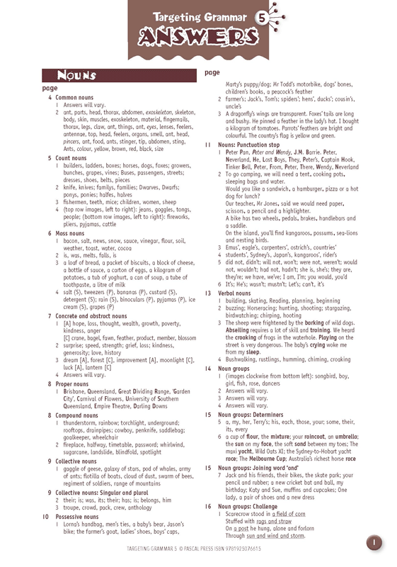 Sample page from the answer section at the back of Targeting Grammar Activity Book 5, from the publisher's preview gallery