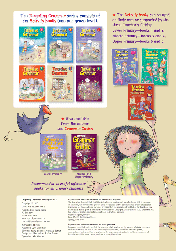 Back cover of Targeting Grammar Activity Book 5 from Pascal Press, shown at the end of the publisher gallery