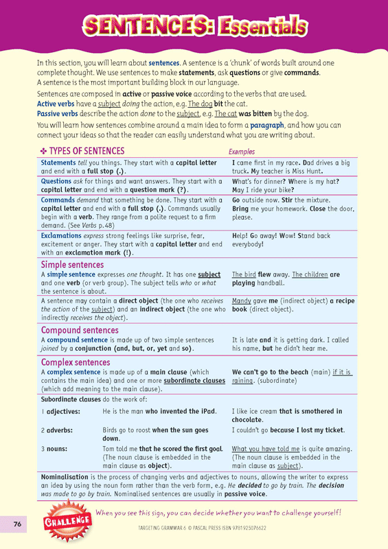 Sample inside page 76 of Targeting Grammar Activity Book 6, shown in the publisher's preview gallery