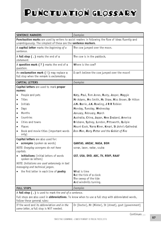 Sample inside page 57 of Targeting Grammar Teacher's Guide Lower Primary, shown in the publisher's preview gallery
