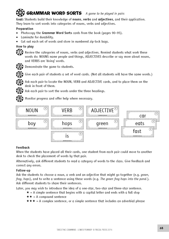 Sample inside page 65 of Targeting Grammar Teacher's Guide Lower Primary, shown in the publisher's preview gallery