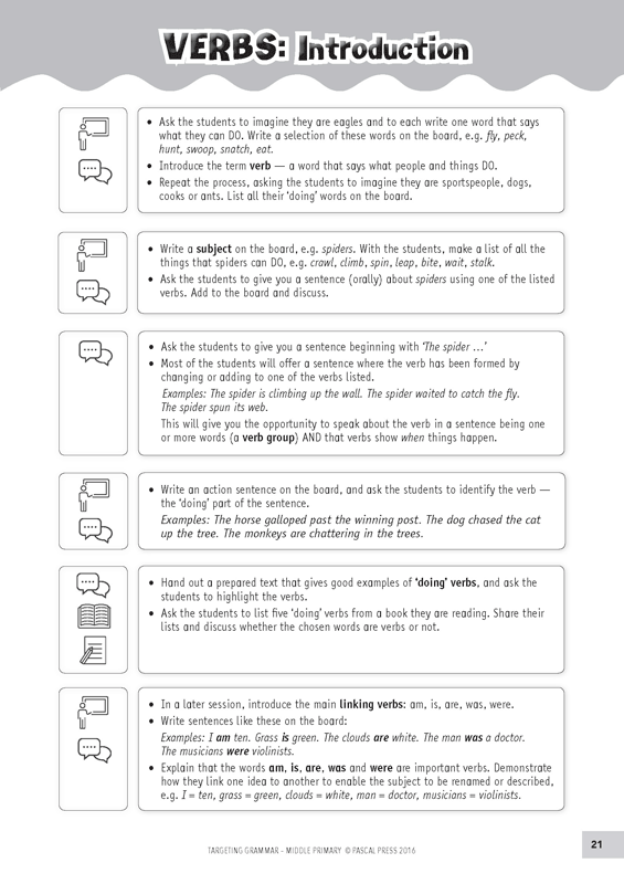 Sample inside page 21 of Targeting Grammar Teacher's Guide Middle Primary, shown in the publisher's preview gallery