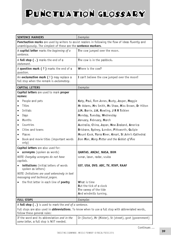 Sample inside page 39 of Targeting Grammar Teacher's Guide Middle Primary, shown in the publisher's preview gallery