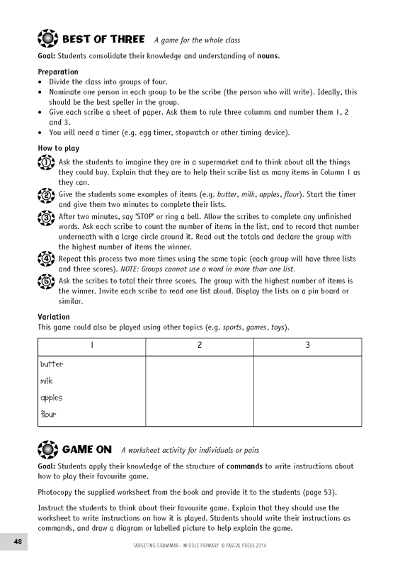 Sample inside page 48 of Targeting Grammar Teacher's Guide Middle Primary, shown in the publisher's preview gallery