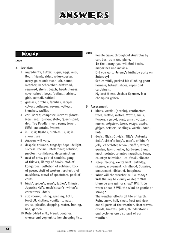 Sample inside page 94 of Targeting Grammar Teacher's Guide Upper Primary, shown in the publisher's preview gallery