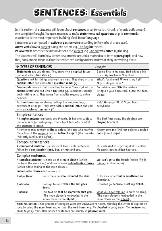 Sample inside page 32 of Targeting Grammar Teacher's Guide Upper Primary, shown in the publisher's preview gallery