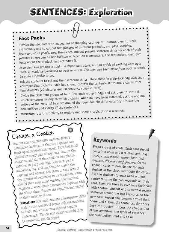 Sample inside page 34 of Targeting Grammar Teacher's Guide Upper Primary, shown in the publisher's preview gallery