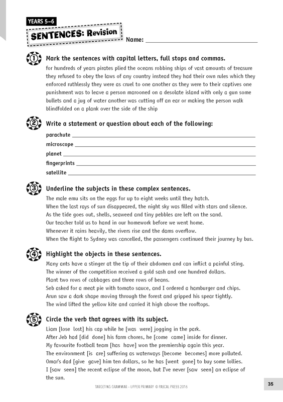 Sample inside page 35 of Targeting Grammar Teacher's Guide Upper Primary, shown in the publisher's preview gallery