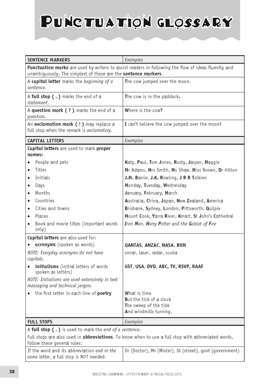 Sample inside page 38 of Targeting Grammar Teacher's Guide Upper Primary, shown in the publisher's preview gallery