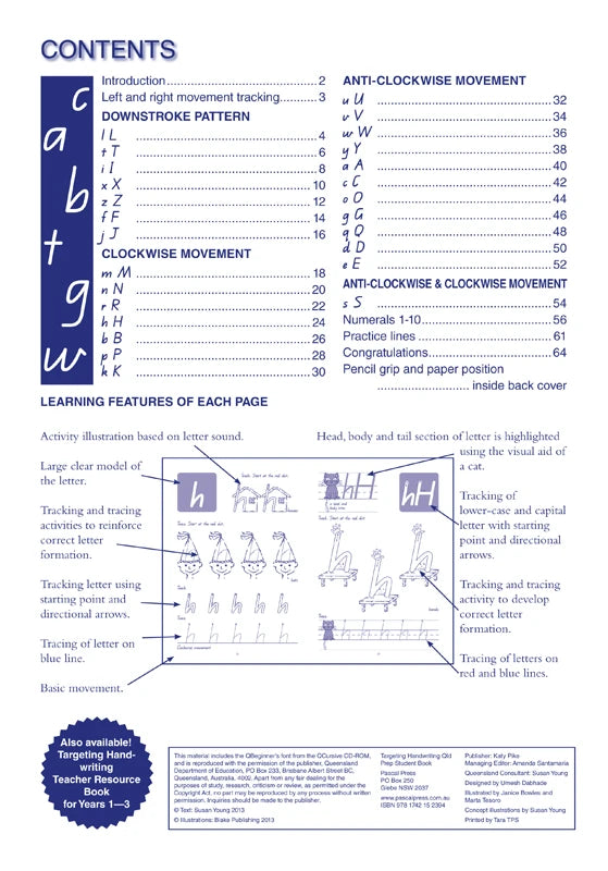 Inside front cover page of the Targeting Handwriting QLD Prep Student Book from the Pascal Press Targeting Handwriting series