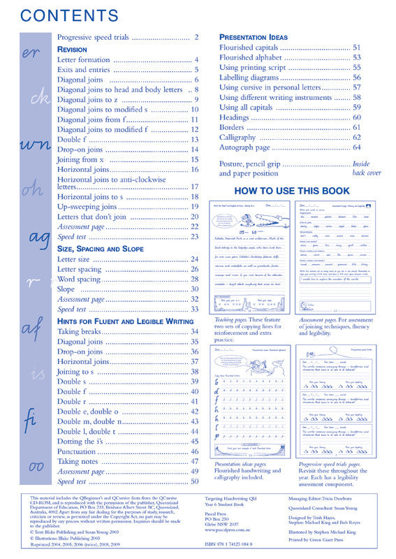 Sample interior page from the Targeting Handwriting QLD Year 6 Student Book showing Queensland Modern Cursive practice activities