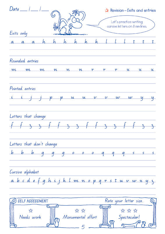 Sample interior page from the Targeting Handwriting QLD Year 6 Student Book showing Queensland Modern Cursive practice activities