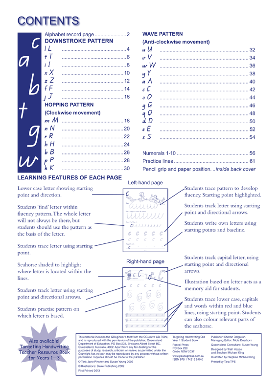 Inside front cover page of the Targeting Handwriting QLD Year 1 Student Book from the Pascal Press Targeting Handwriting series
