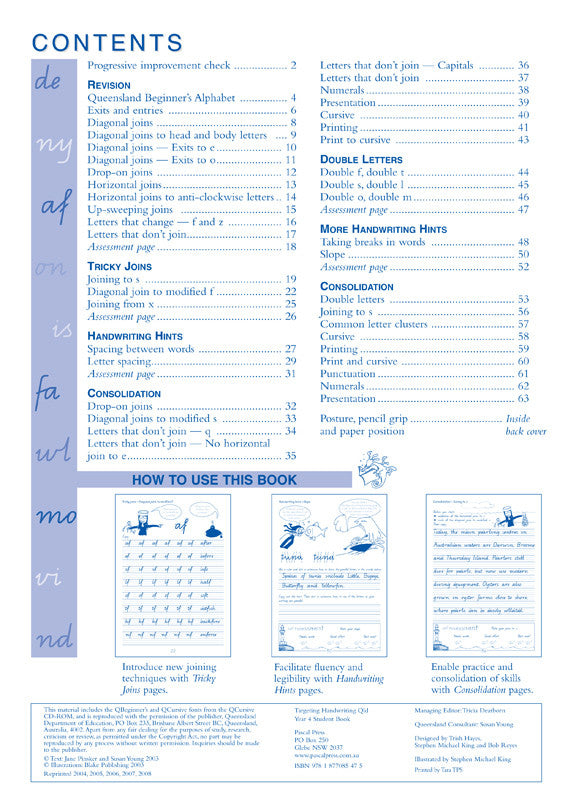 Sample interior page from the Targeting Handwriting QLD Year 4 Student Book showing Queensland Modern Cursive handwriting practice activities