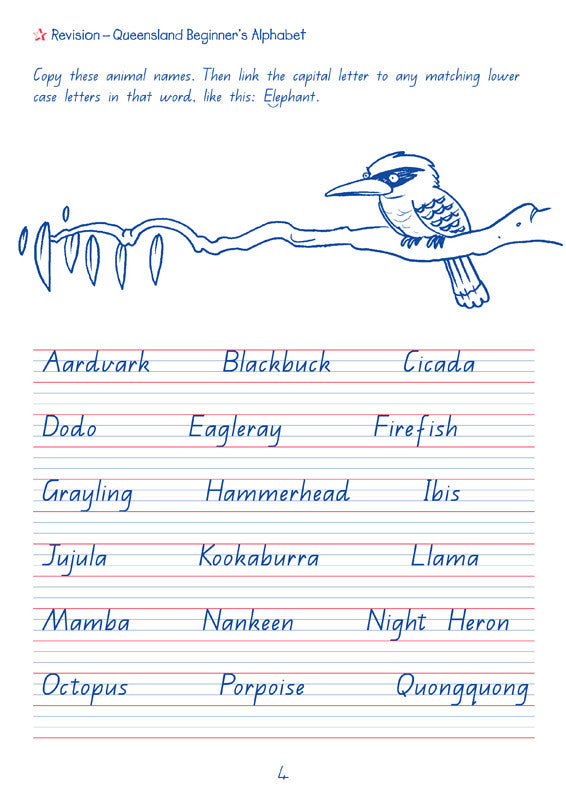Sample interior page from the Targeting Handwriting QLD Year 4 Student Book showing Queensland Modern Cursive handwriting practice activities