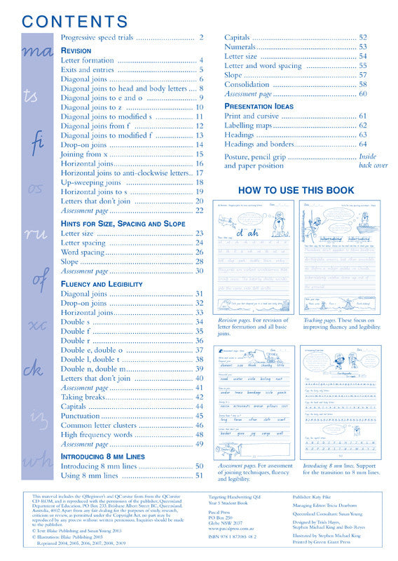 Sample interior page from the Targeting Handwriting QLD Year 5 Student Book showing Queensland Modern Cursive handwriting practice activities