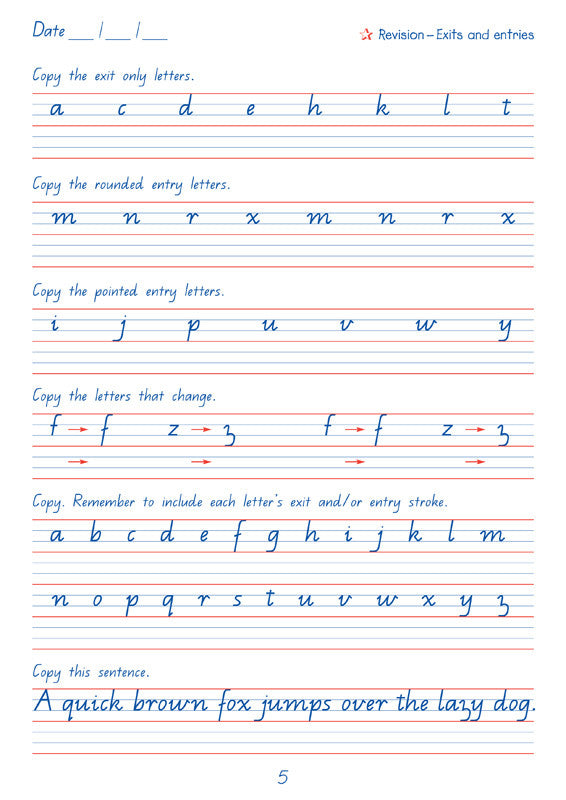Sample interior page from the Targeting Handwriting QLD Year 5 Student Book showing Queensland Modern Cursive handwriting practice activities
