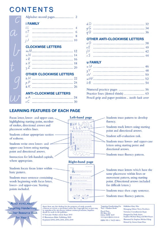 Sample interior page from the Targeting Handwriting VIC Year 1 Student Book showing Victorian Modern Cursive practice activities