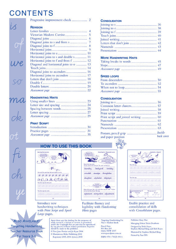 Sample interior page from the Targeting Handwriting VIC Year 4 Student Book showing Victorian Modern Cursive practice activities