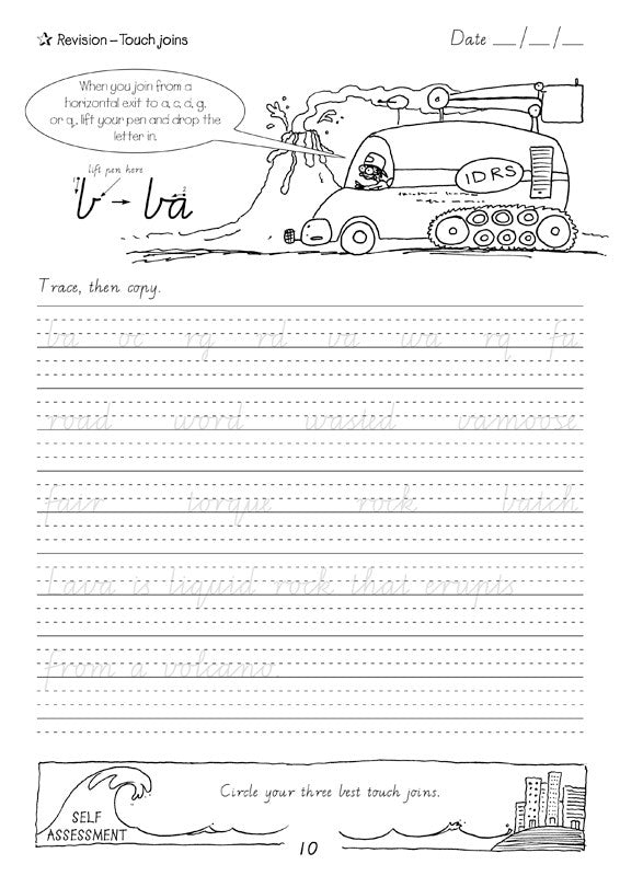 Sample interior page from the Targeting Handwriting VIC Year 5 Student Book showing Victorian Modern Cursive practice activities