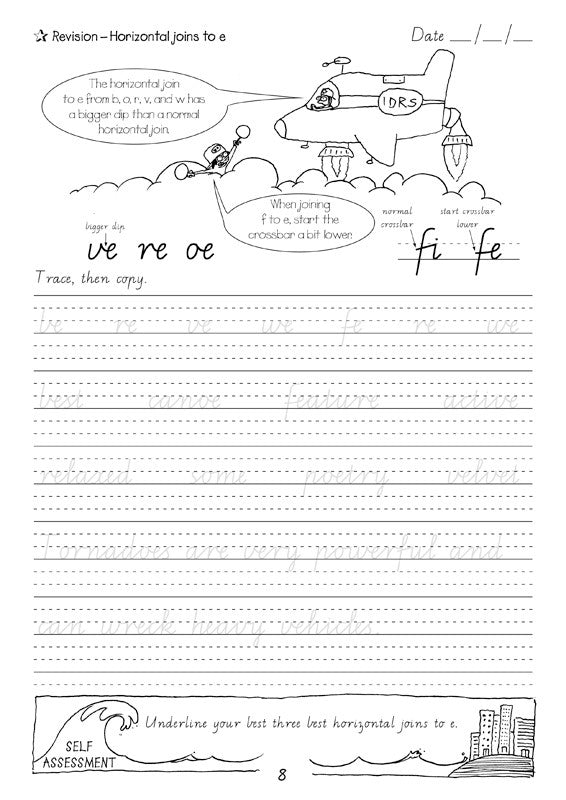 Sample interior page from the Targeting Handwriting VIC Year 5 Student Book showing Victorian Modern Cursive practice activities