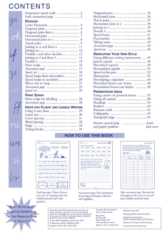 Sample interior page from the Targeting Handwriting VIC Year 6 Student Book showing Victorian Modern Cursive practice activities