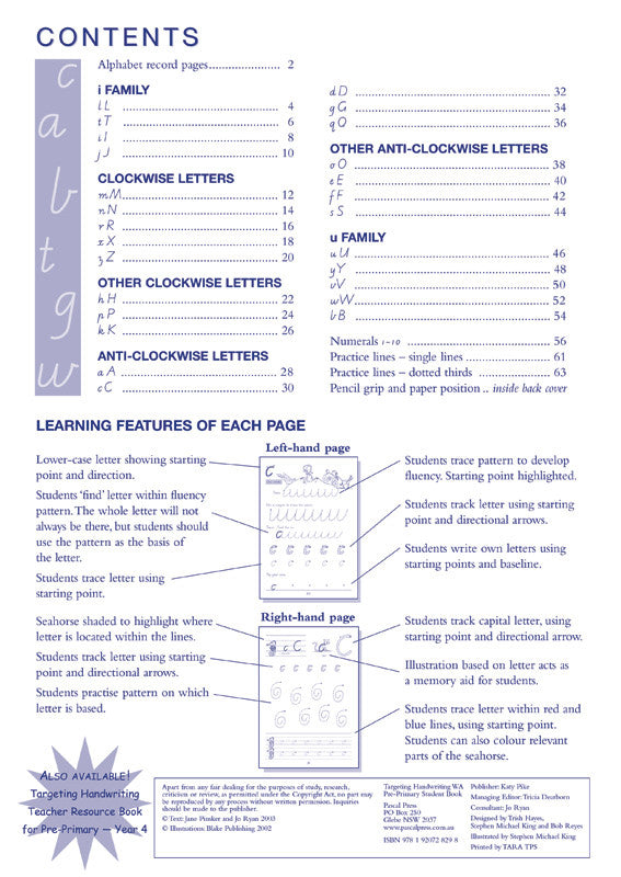 Sample interior page from the Targeting Handwriting WA Pre-Primary Student Book showing WA Modern Cursive practice activities