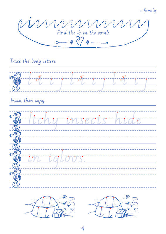 Sample interior page from the Targeting Handwriting WA Year 1 Student Book showing WA Modern Cursive practice activities