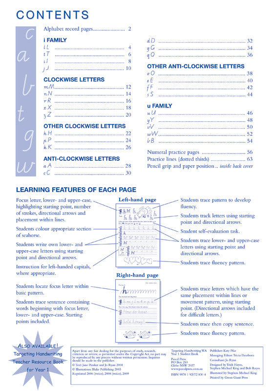 Sample interior page from the Targeting Handwriting WA Year 1 Student Book showing WA Modern Cursive practice activities