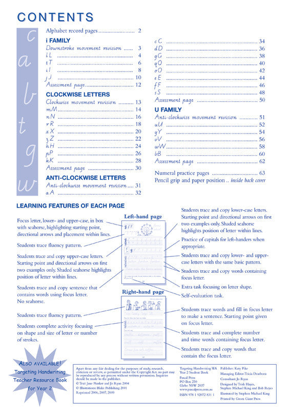 Sample interior page from the Targeting Handwriting WA Year 2 Student Book showing WA Modern Cursive practice activities