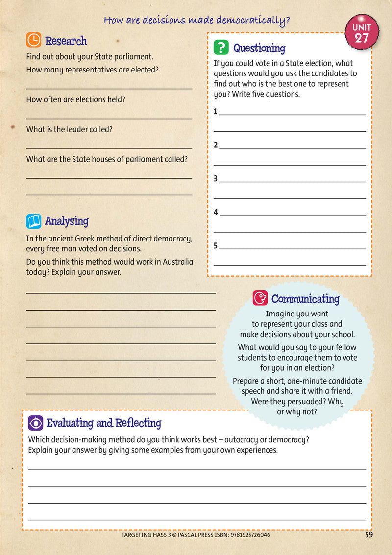 Sample inside page 59 of Targeting HASS Activity Book Year 3, shown in the publisher's preview gallery