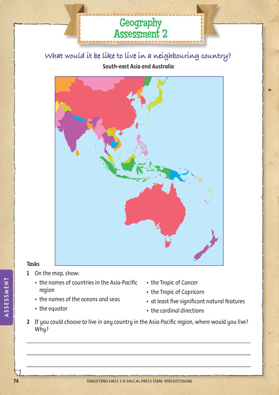 Sample inside page 74 of Targeting HASS Activity Book Year 3, shown in the publisher's preview gallery