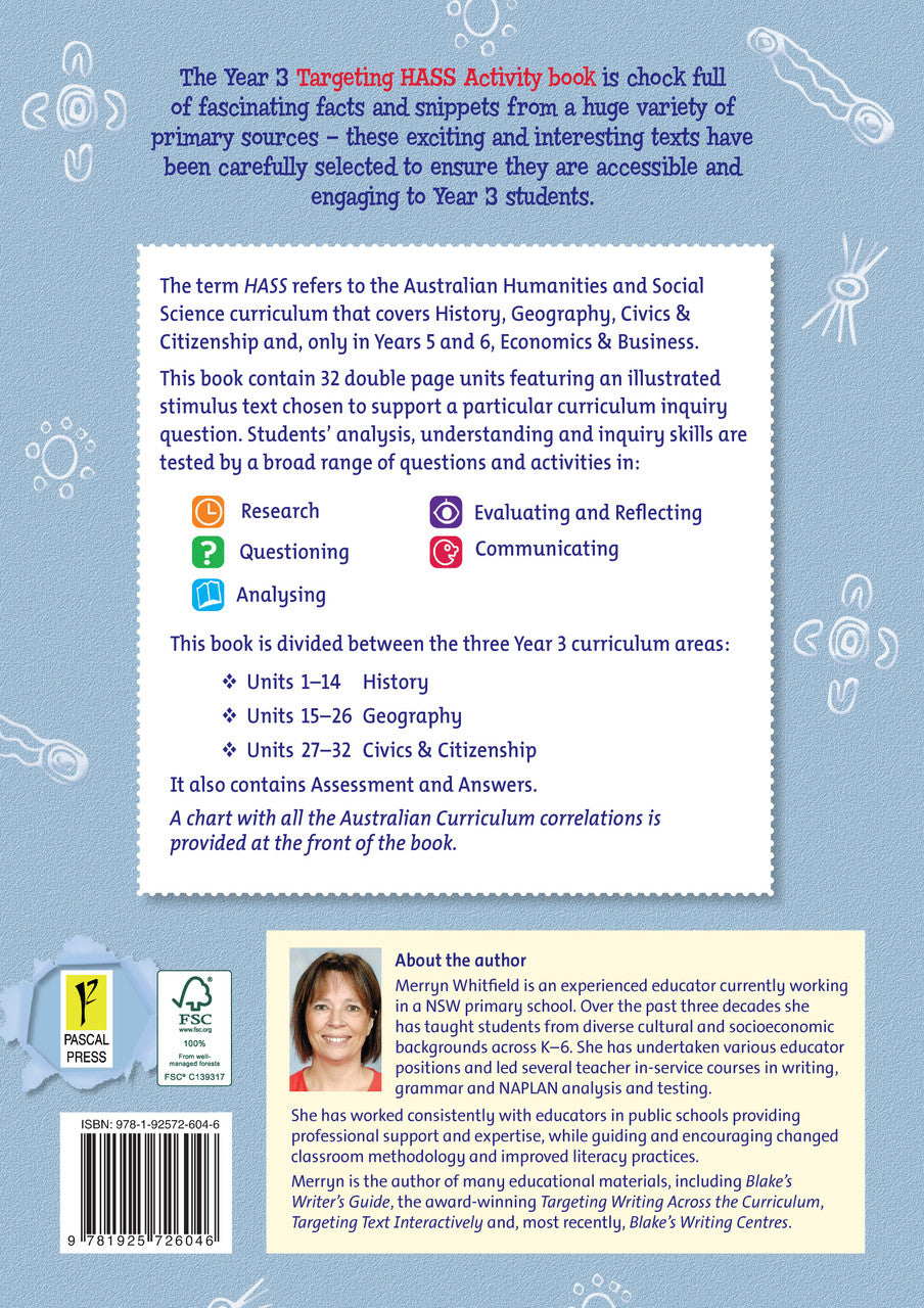 Back cover of Targeting HASS Activity Book Year 3 from Pascal Press, shown at the end of the publisher gallery