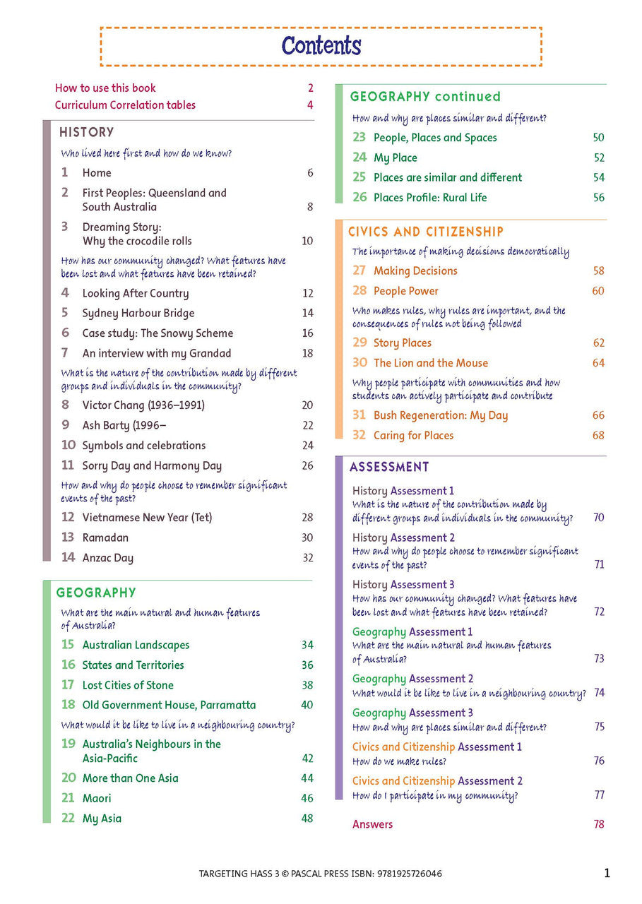 Sample inside page 1 of Targeting HASS Activity Book Year 3, shown in the publisher's preview gallery
