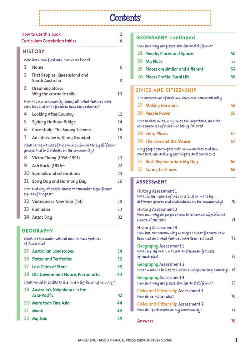 Sample inside page 1 of Targeting HASS Activity Book Year 3, shown in the publisher's preview gallery