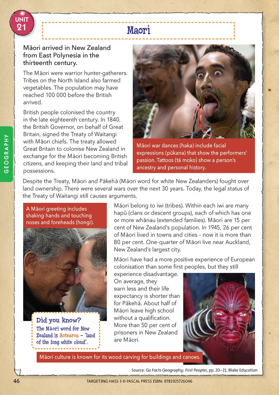 Sample inside page 46 of Targeting HASS Activity Book Year 3, shown in the publisher's preview gallery