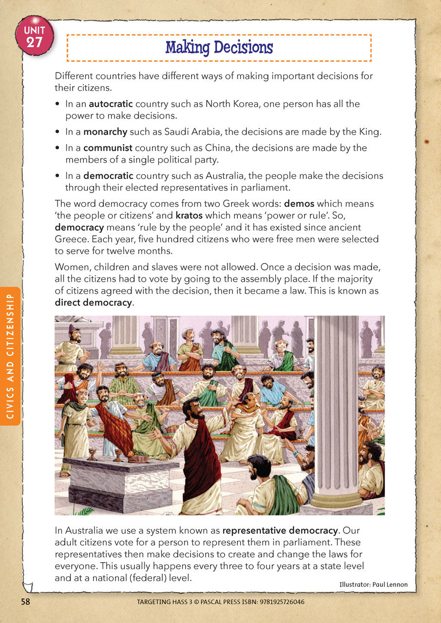 Sample inside page 58 of Targeting HASS Activity Book Year 3, shown in the publisher's preview gallery