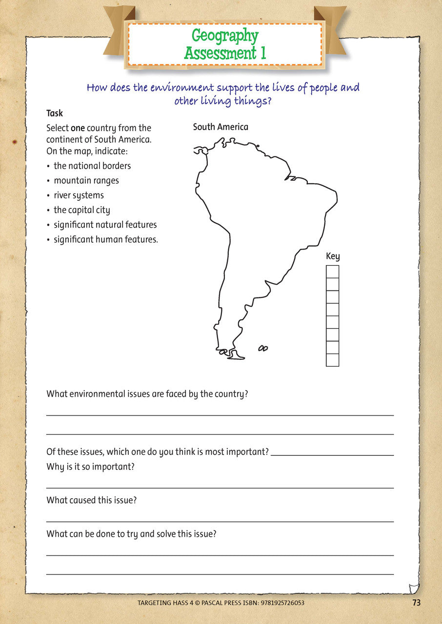 Sample inside page 73 of Targeting HASS Activity Book Year 4, shown in the publisher's preview gallery