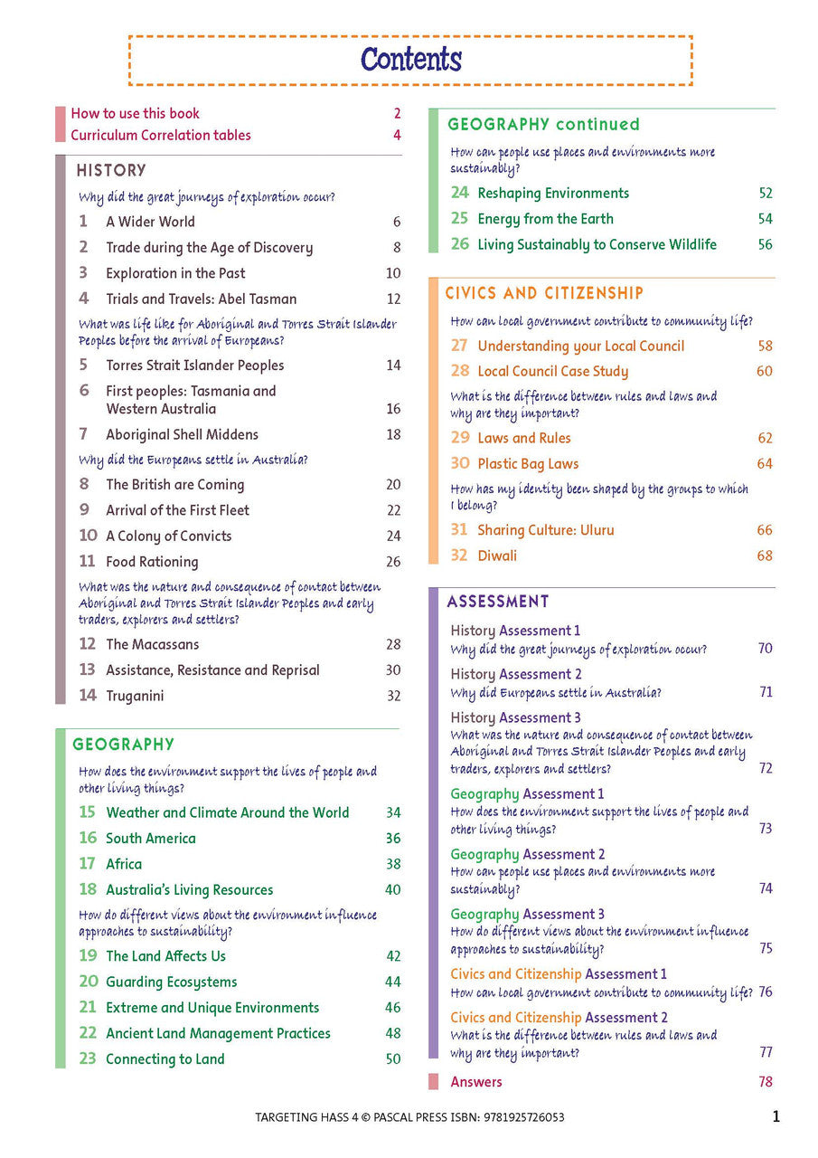 Sample inside page 1 of Targeting HASS Activity Book Year 4, shown in the publisher's preview gallery
