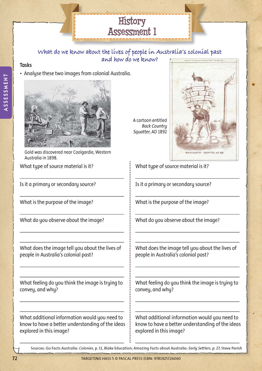 Sample inside page 72 of Targeting HASS Activity Book Year 5, shown in the publisher's preview gallery