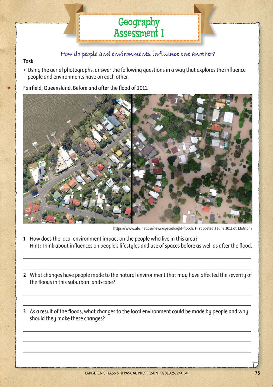 Sample inside page 75 of Targeting HASS Activity Book Year 5, shown in the publisher's preview gallery